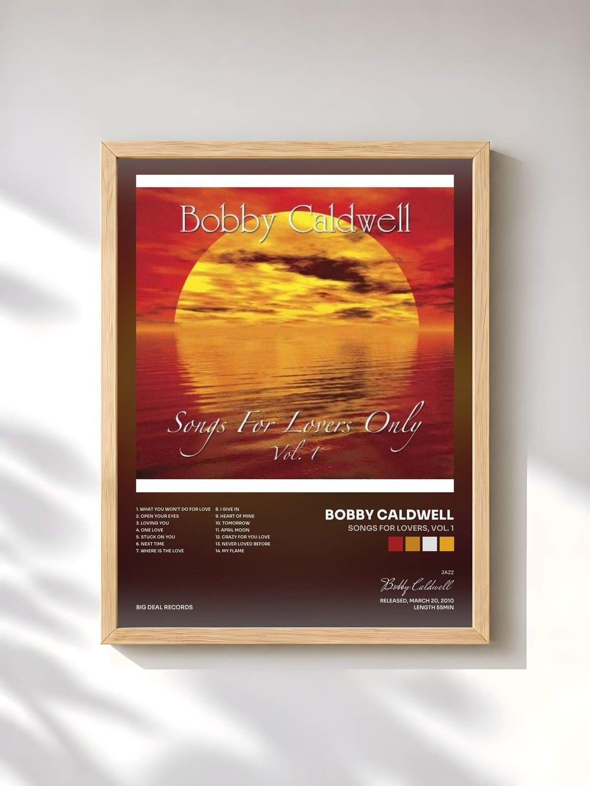 #bois Tableau de l'album Songs for Lovers, Vol. 1 de Bobby Caldwell, cadre en bois brut, imprimé et encadré en France