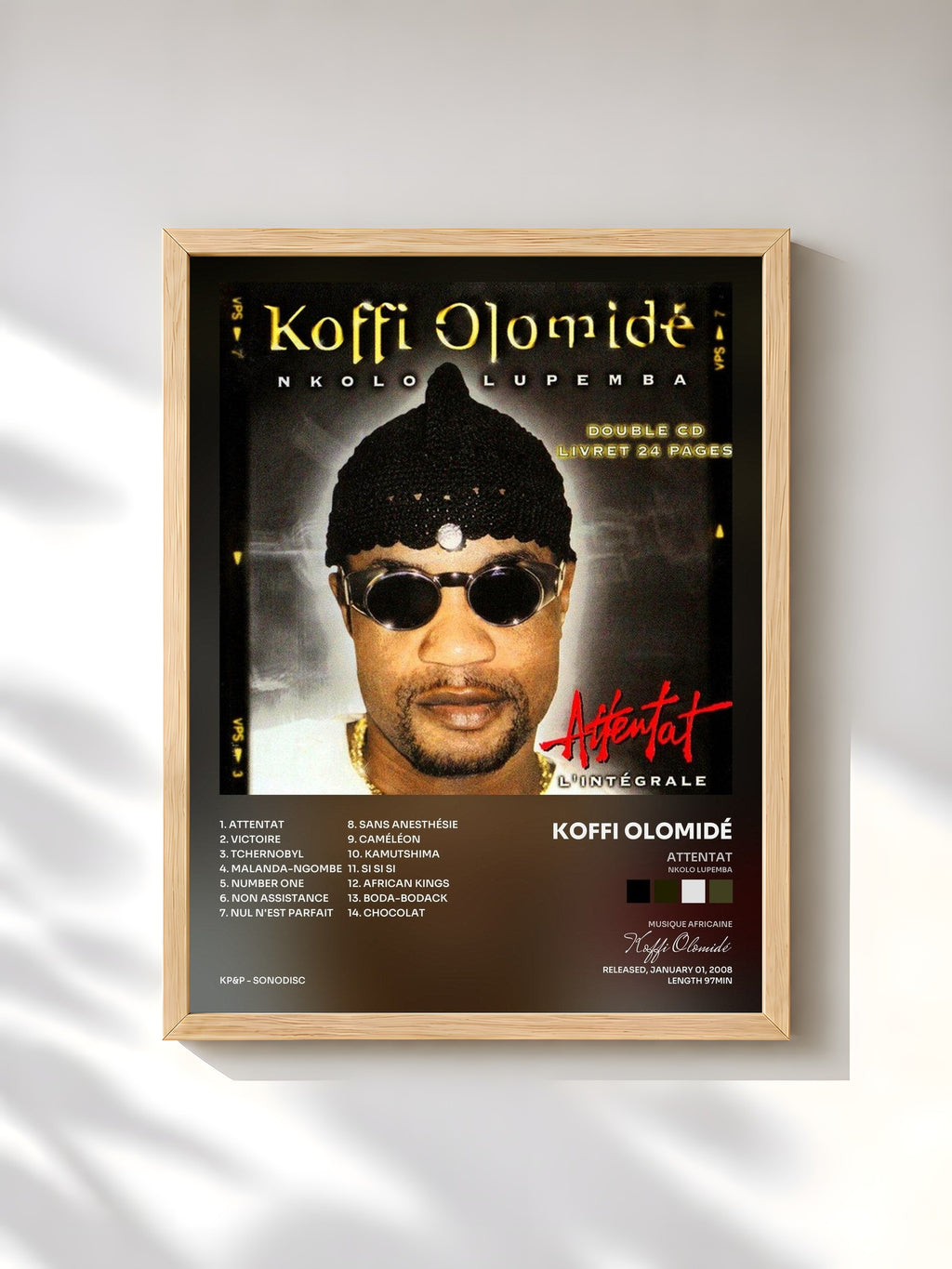 #bois Tableau de l'album Attentat (Nkolo Lupemba) [L'intégrale] de Koffi Olomidé, cadre en bois brut, imprimé et encadré en France