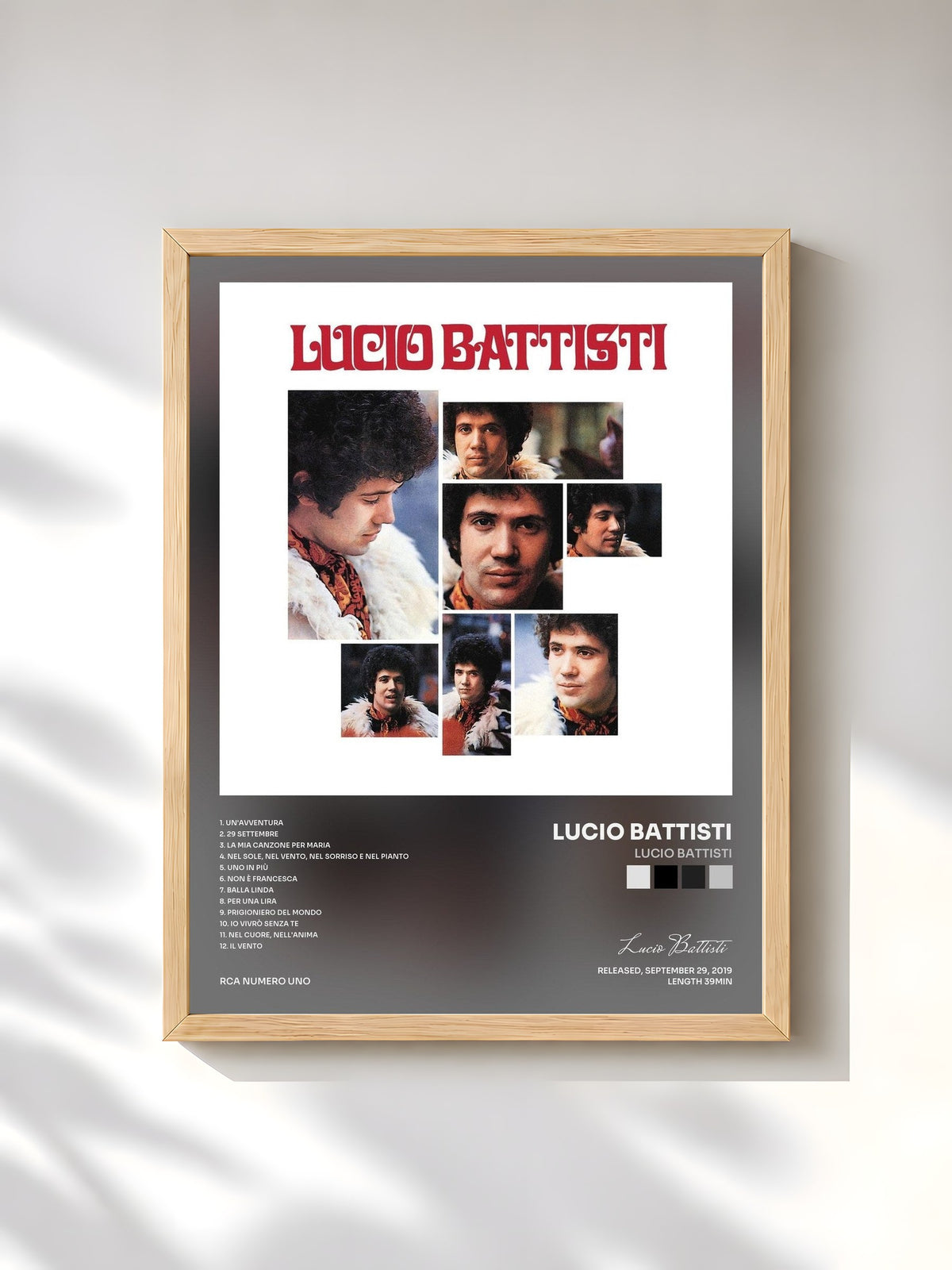 #bois Tableau de l'album Lucio Battisti de Lucio Battisti, cadre en bois brut, imprimé et encadré en France