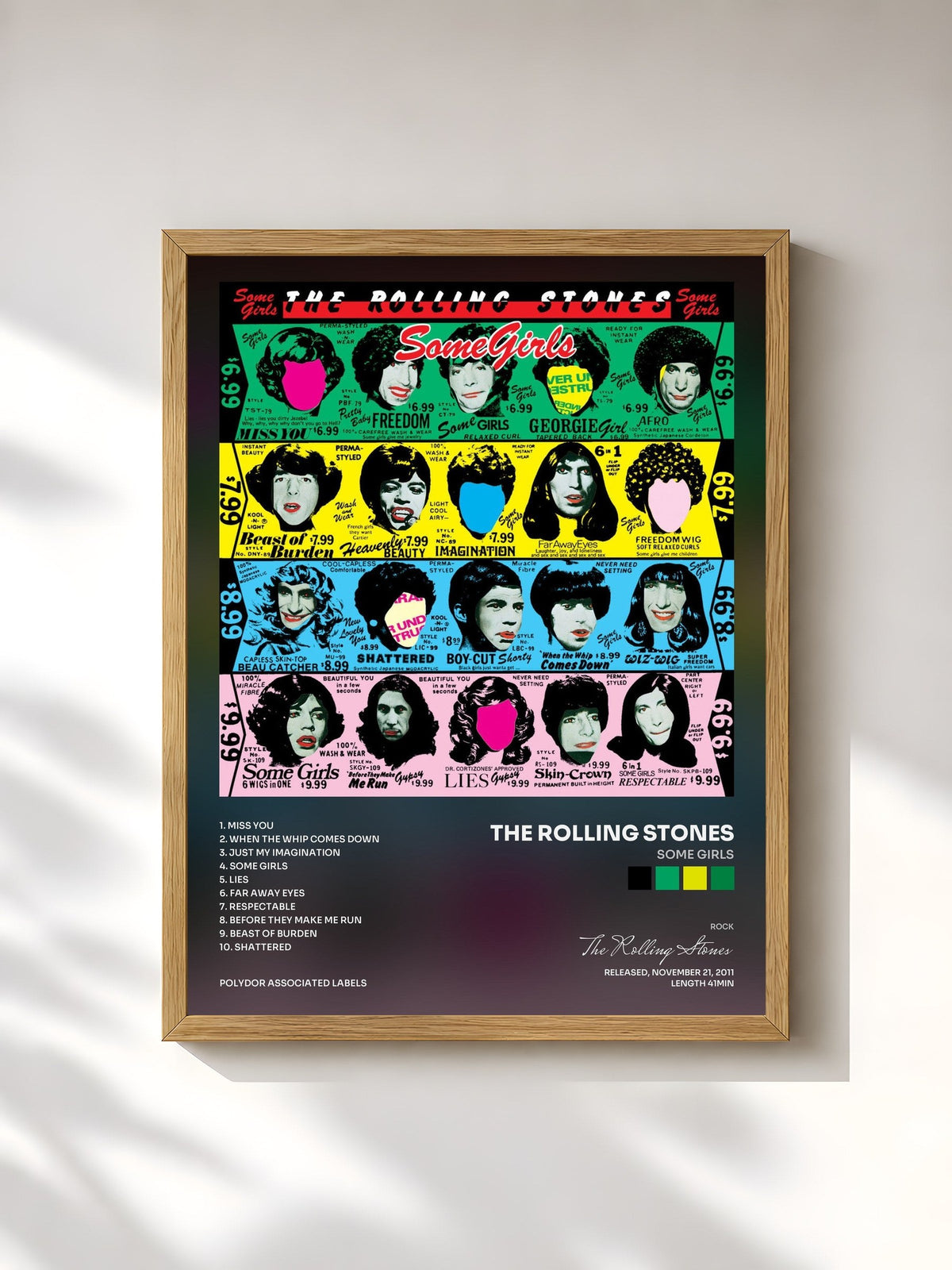 #bois Tableau de l'album Some Girls de The Rolling Stones, cadre en bois brut, imprimé et encadré en France