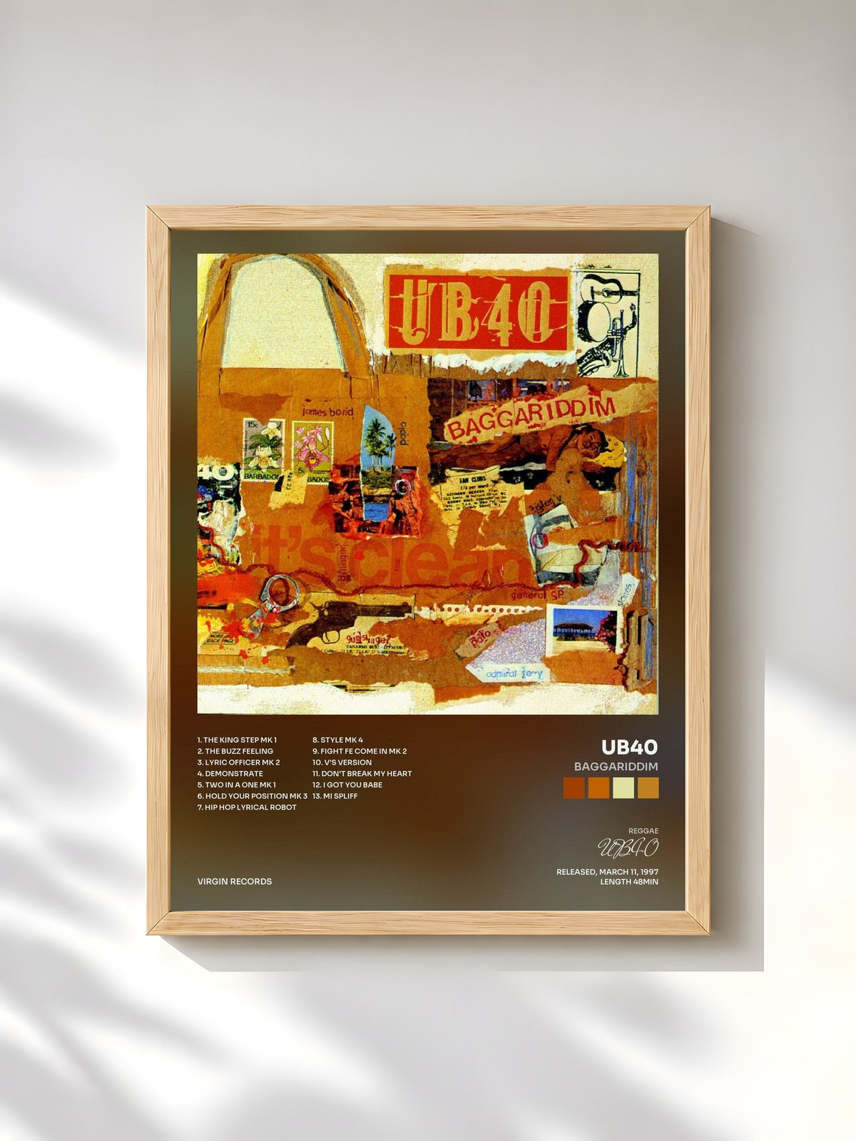 #bois Tableau de l'album Baggariddim de UB40, cadre en bois brut, imprimé et encadré en France