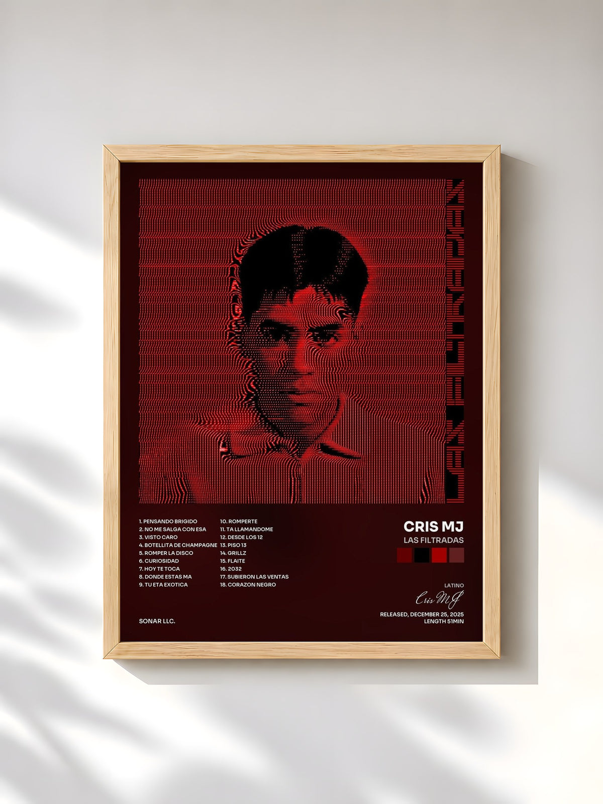 #bois Tableau de l'album LAS FILTRADAS de Cris MJ, cadre en bois brut, imprimé et encadré en France