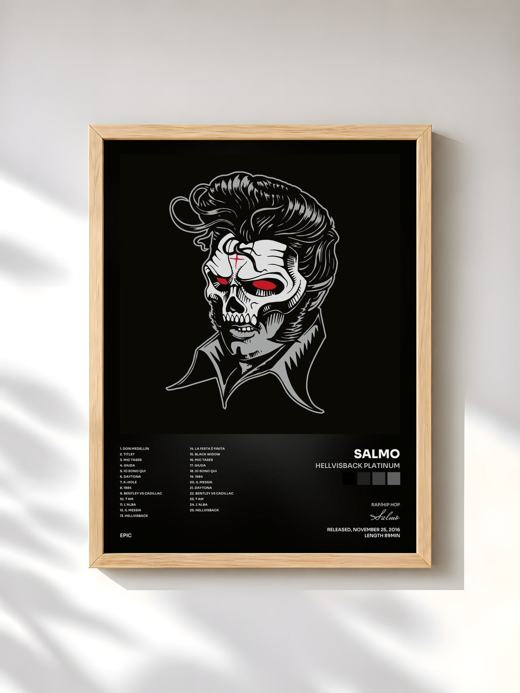 #bois Tableau de l'album Hellvisback Platinum de Salmo, cadre en bois brut, imprimé et encadré en France