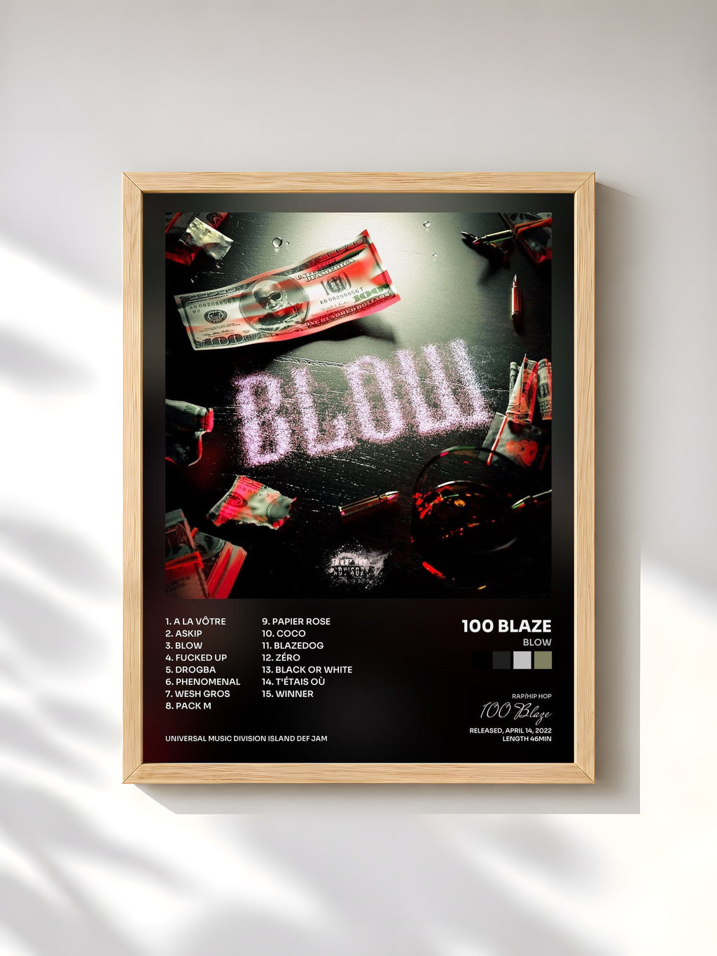 #bois Tableau de l'album Blow de 100 Blaze, cadre en bois brut, imprimé et encadré en France