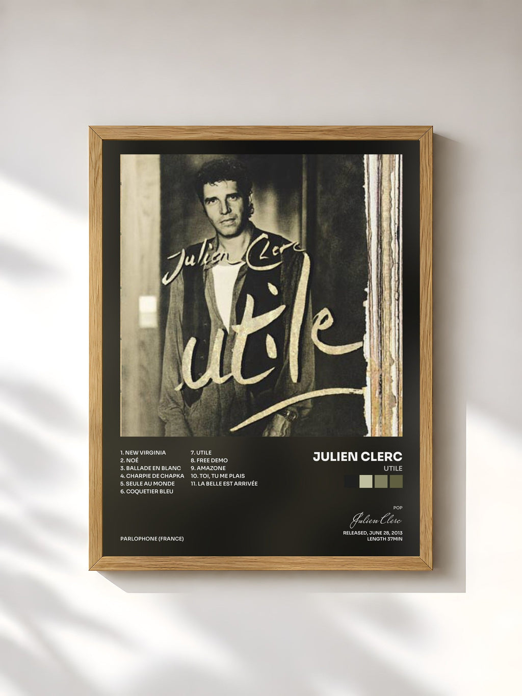 #bois Tableau de l'album Utile de Julien Clerc, cadre en bois brut, imprimé et encadré en France