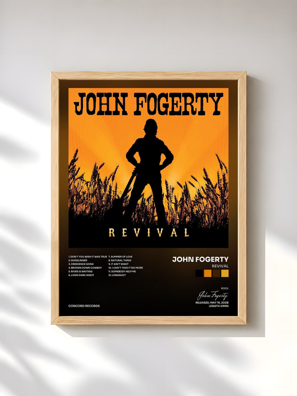 #bois Tableau de l'album Revival de John Fogerty, cadre en bois brut, imprimé et encadré en France