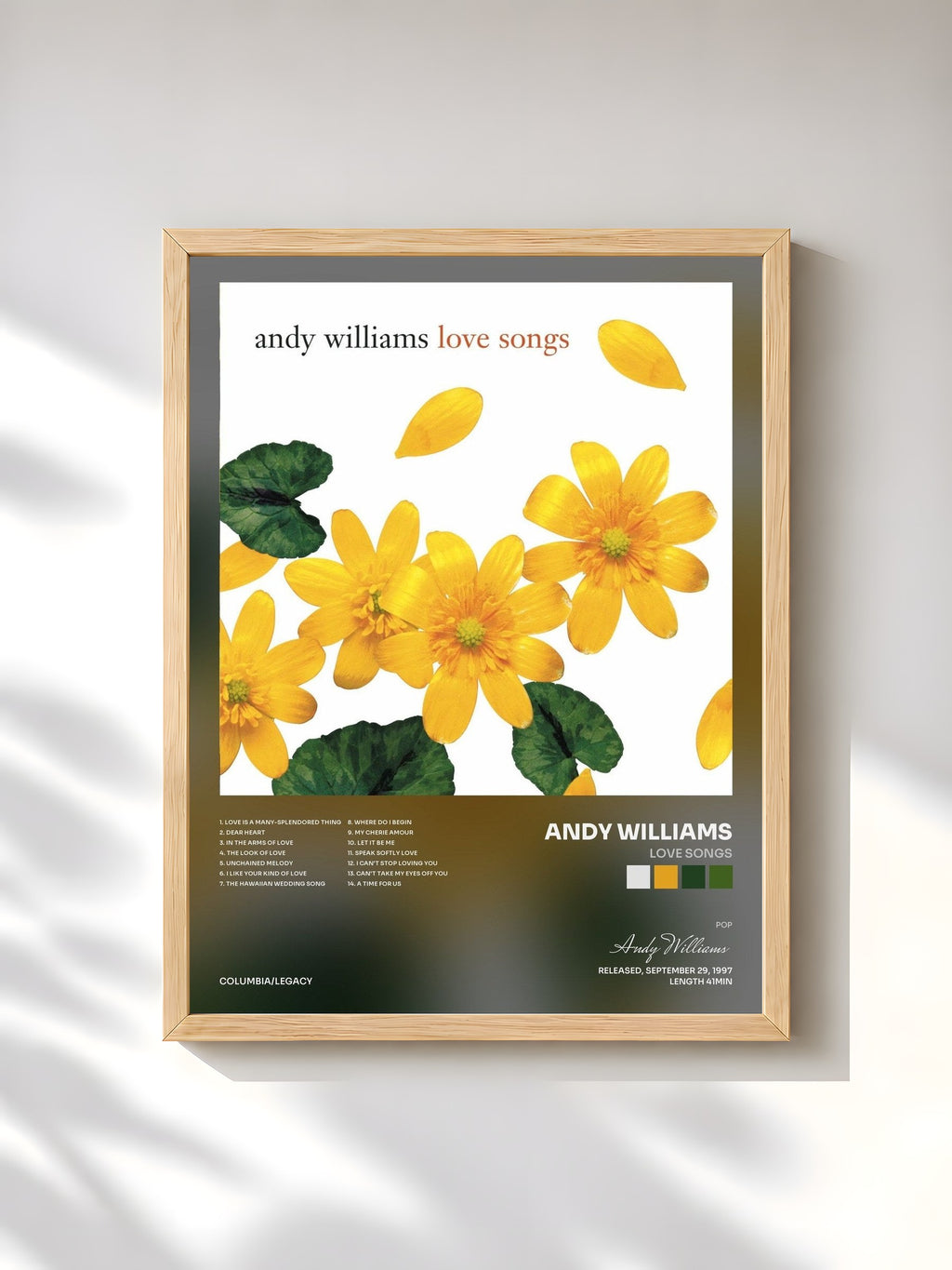 #bois Tableau de l'album Love Songs de Andy Williams, cadre en bois brut, imprimé et encadré en France