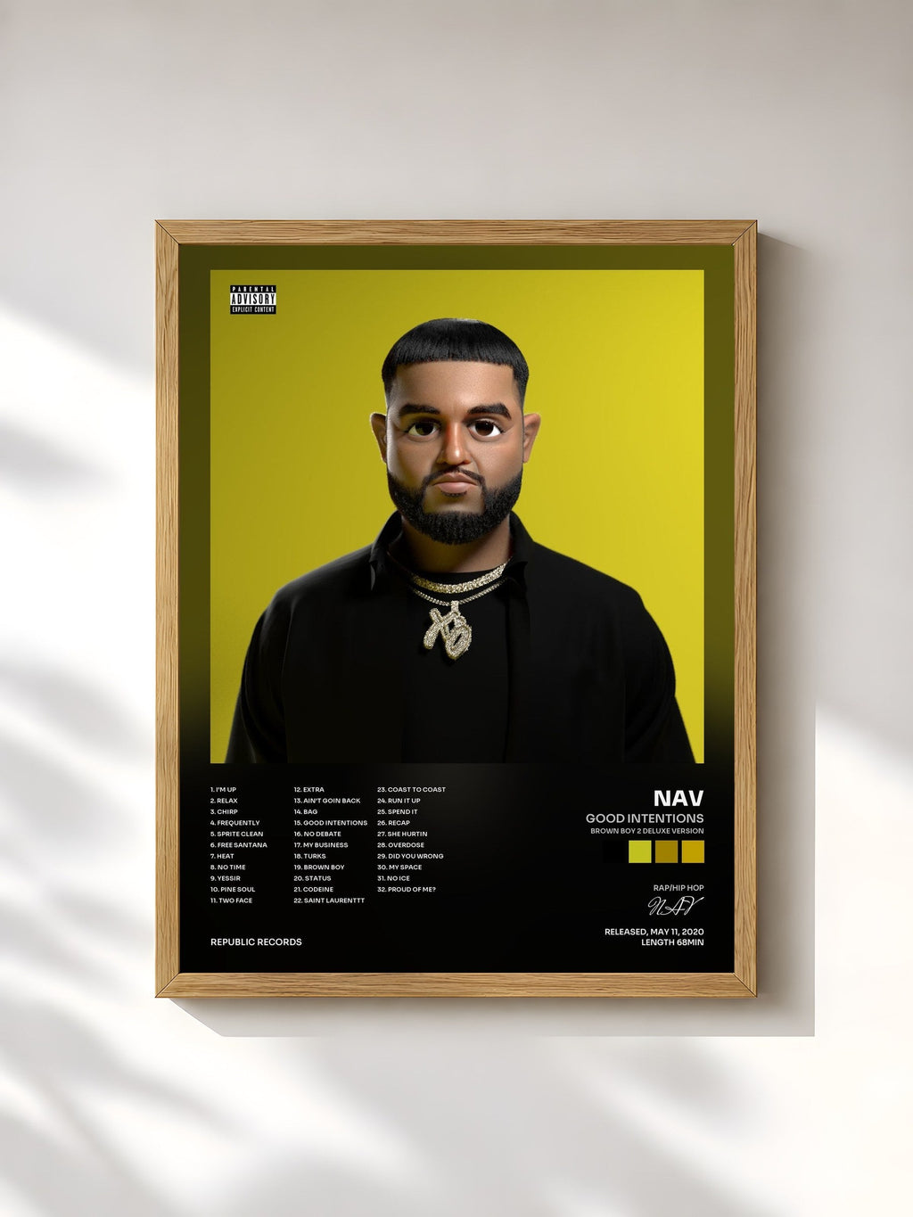 #bois Tableau de l'album Good Intentions (Brown Boy 2 Deluxe Version) de NAV, cadre en bois brut, imprimé et encadré en France