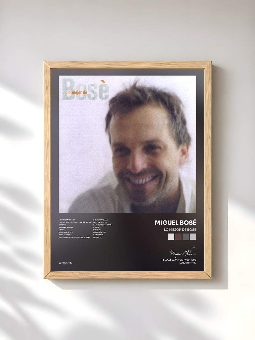 #bois Tableau de l'album Lo Mejor De Bosé de Miguel Bosé, cadre en bois brut, imprimé et encadré en France