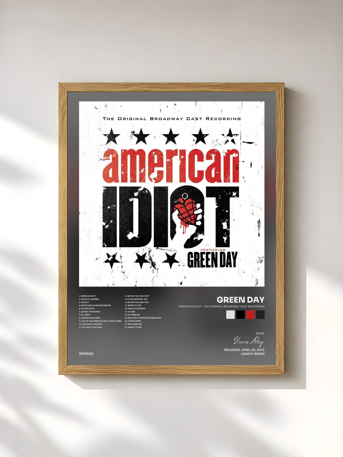 #bois Tableau de l'album American Idiot - The Original Broadway Cast Recording de Green Day, cadre en bois brut, imprimé et encadré en France