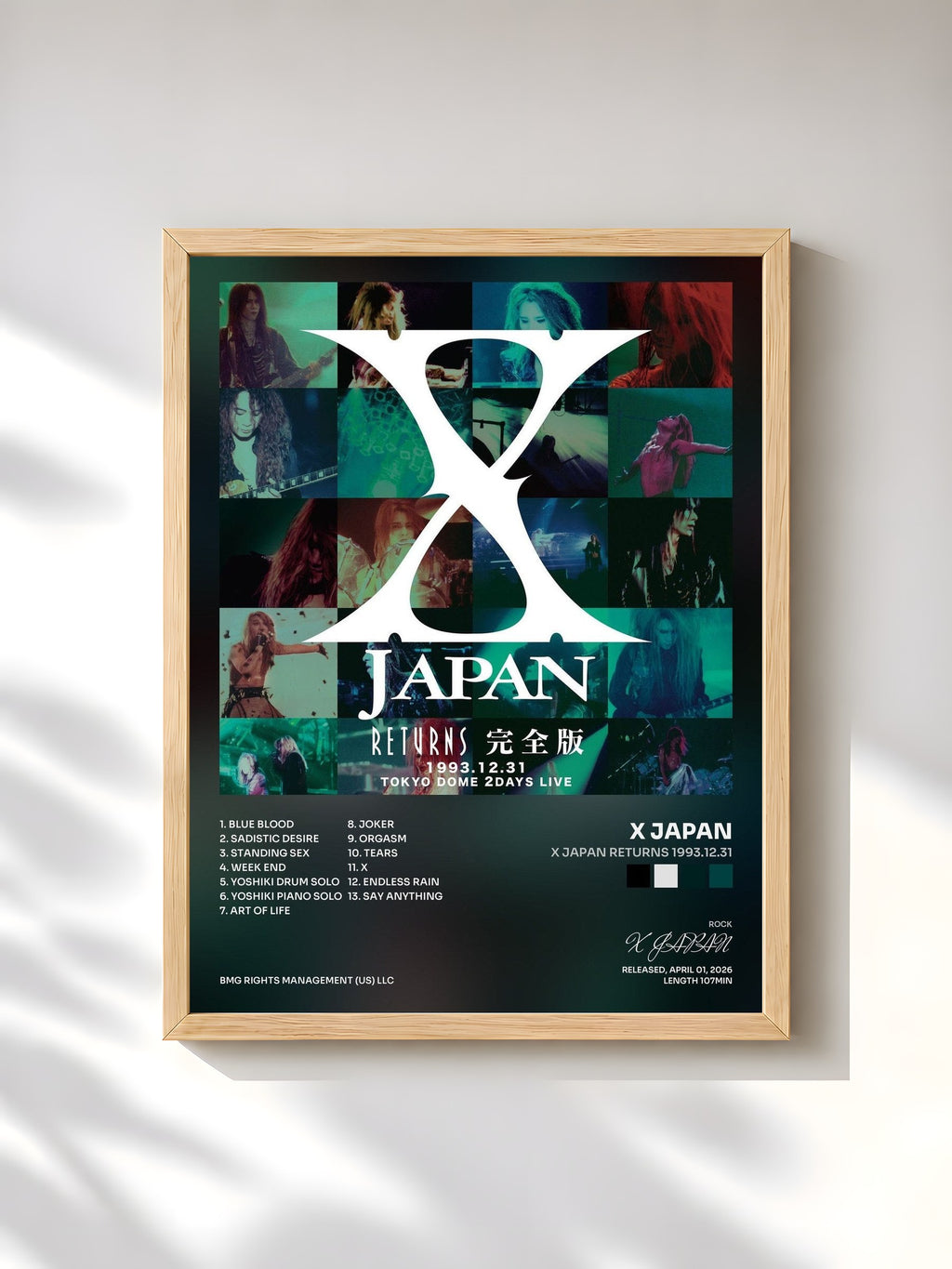 #bois Tableau de l'album X JAPAN RETURNS 1993.12.31 de X JAPAN, cadre en bois brut, imprimé et encadré en France