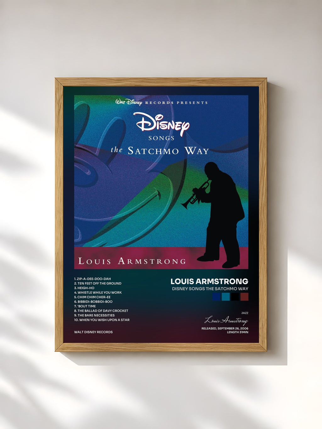 #bois Tableau de l'album Disney Songs The Satchmo Way de Louis Armstrong, cadre en bois brut, imprimé et encadré en France