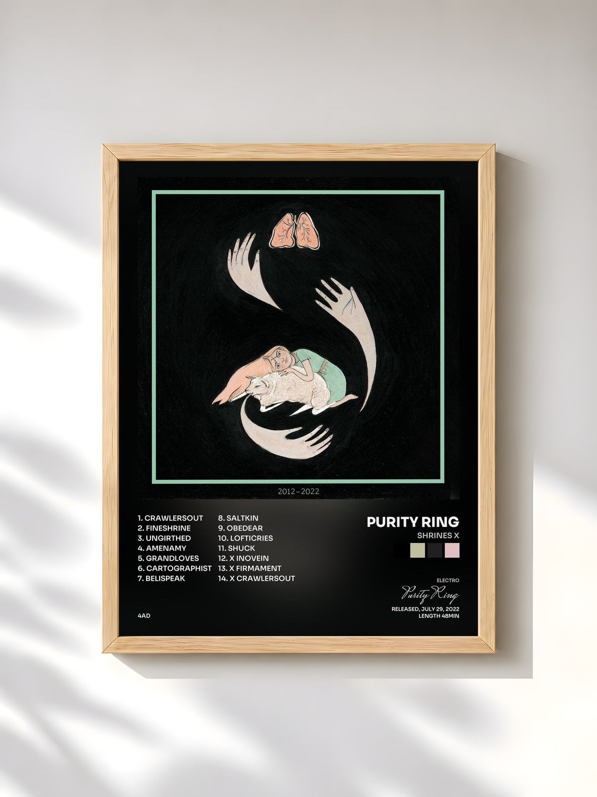 #bois Tableau de l'album shrines X de Purity Ring, cadre en bois brut, imprimé et encadré en France