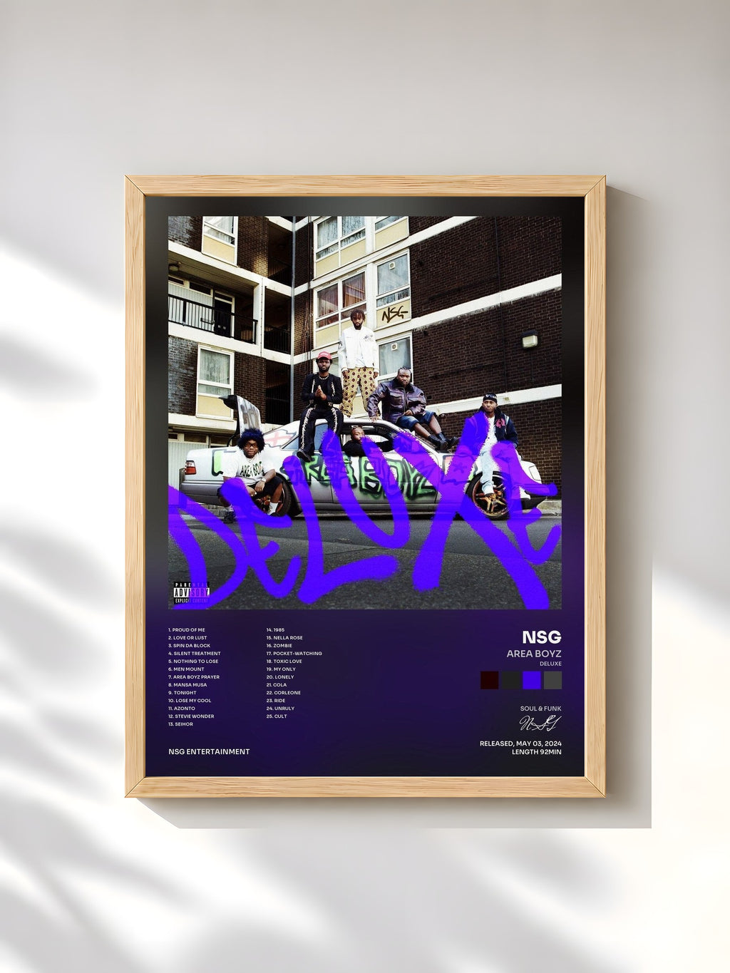 #bois Tableau de l'album AREA BOYZ (DELUXE) de NSG, cadre en bois brut, imprimé et encadré en France