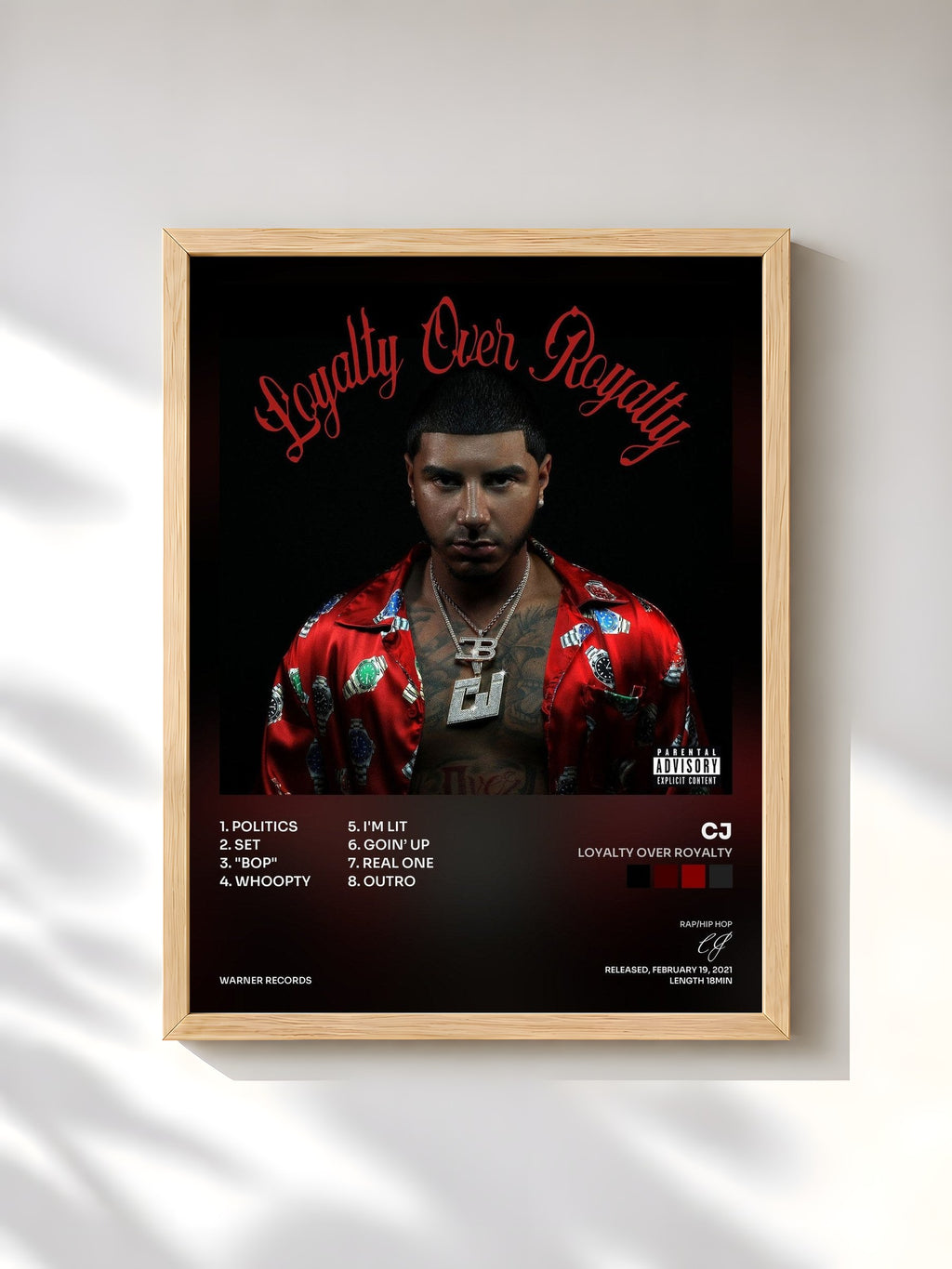 #bois Tableau de l'album Loyalty Over Royalty de CJ, cadre en bois brut, imprimé et encadré en France