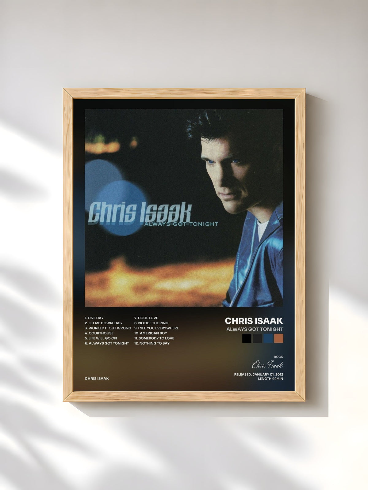#bois Tableau de l'album Always Got Tonight de Chris Isaak, cadre en bois brut, imprimé et encadré en France
