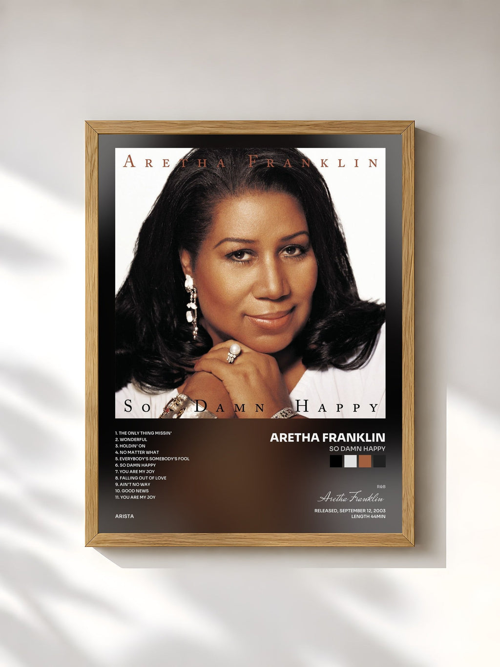 #bois Tableau de l'album So Damn Happy de Aretha Franklin, cadre en bois brut, imprimé et encadré en France