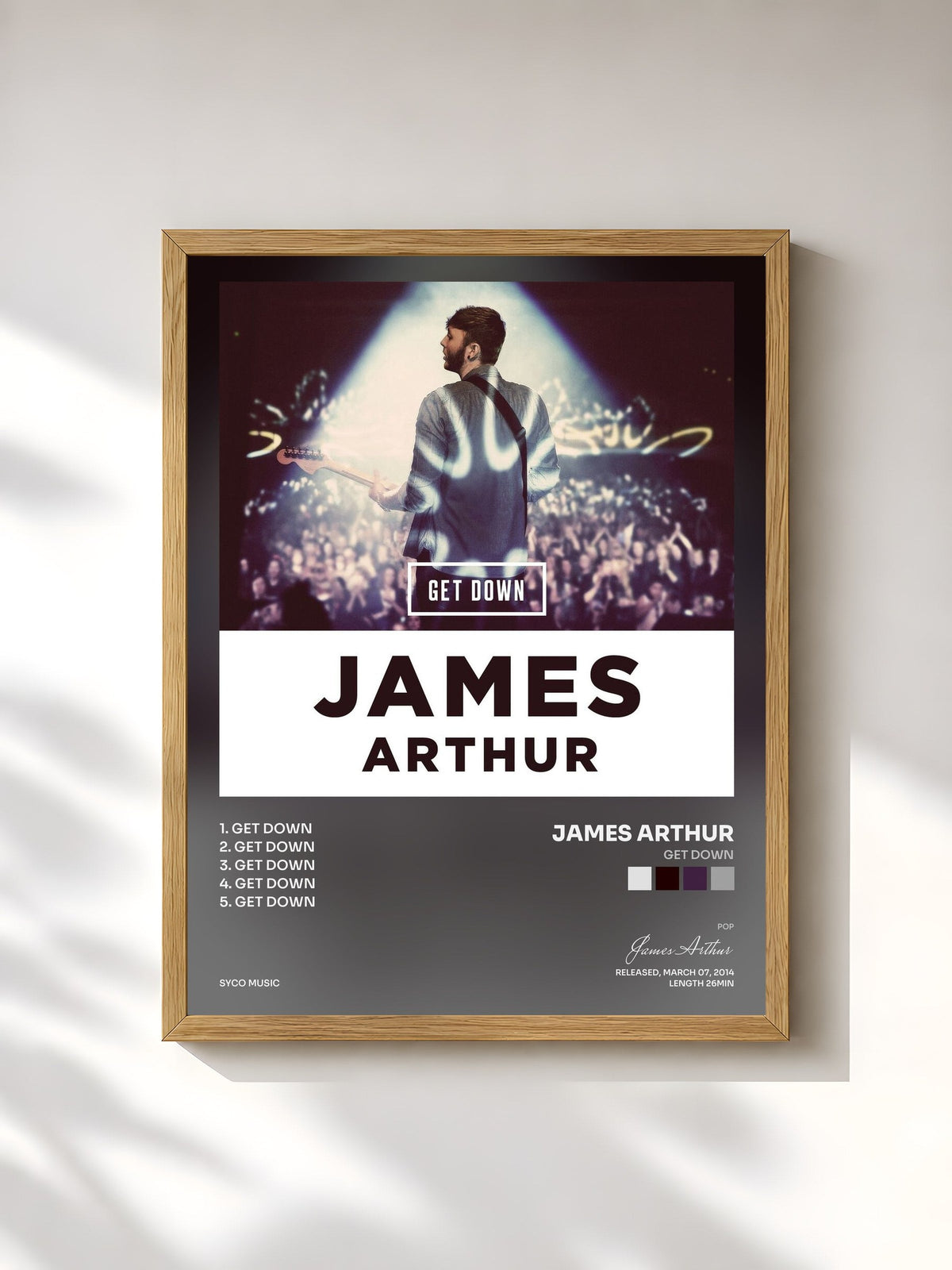 #bois Tableau de l'album Get Down de James Arthur, cadre en bois brut, imprimé et encadré en France