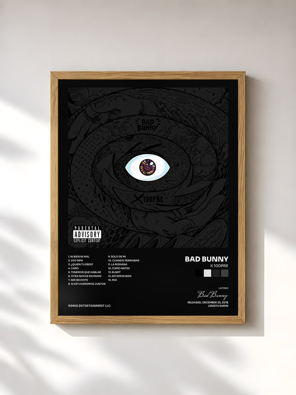 #bois Tableau de l'album X 100PRE de Bad Bunny, cadre en bois brut, imprimé et encadré en France