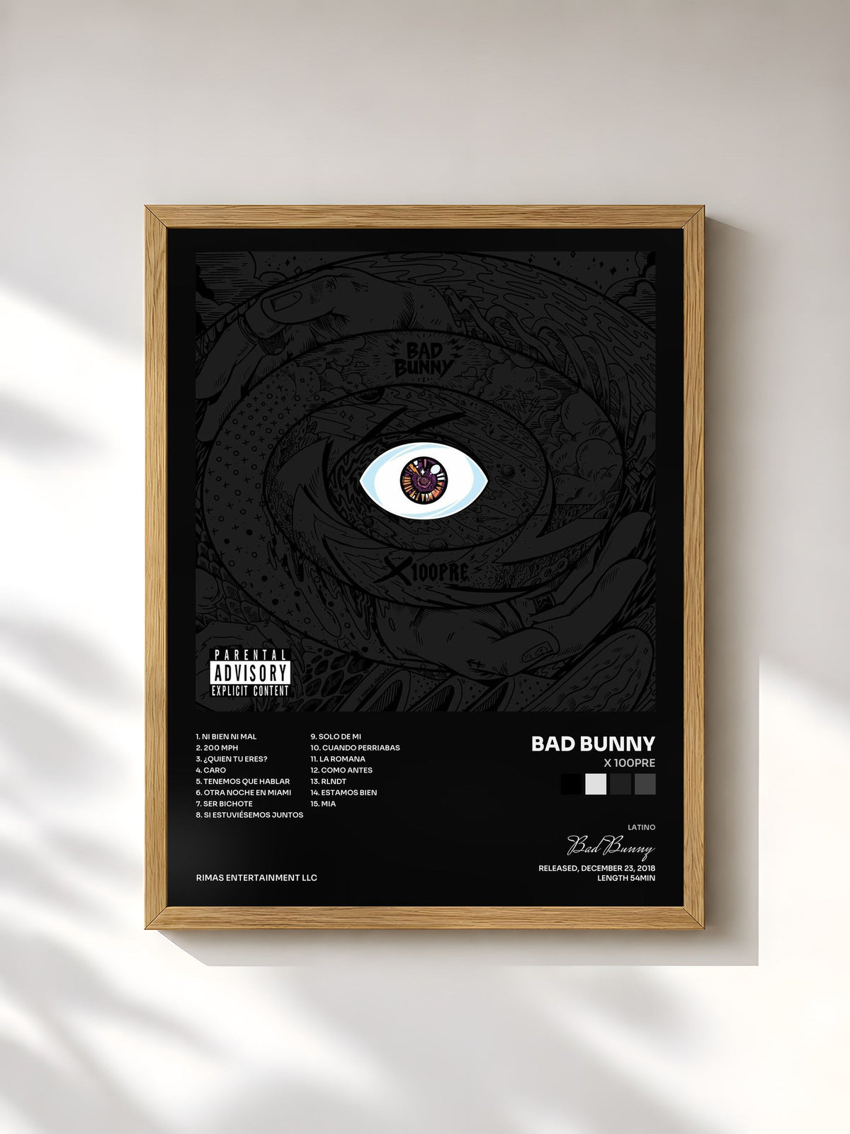 #bois Tableau de l'album X 100PRE de Bad Bunny, cadre en bois brut, imprimé et encadré en France