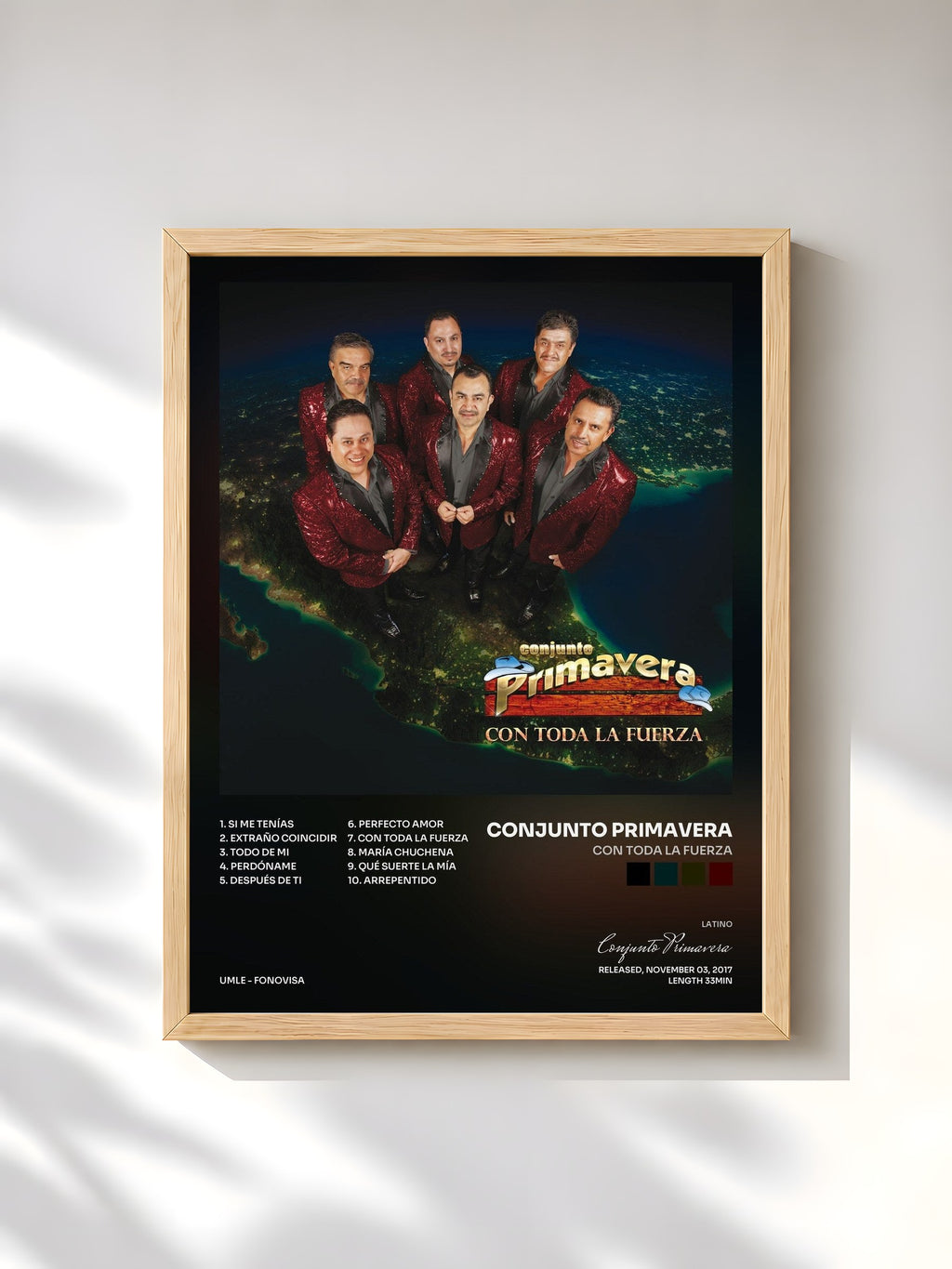 #bois Tableau de l'album Con Toda La Fuerza de Conjunto Primavera, cadre en bois brut, imprimé et encadré en France