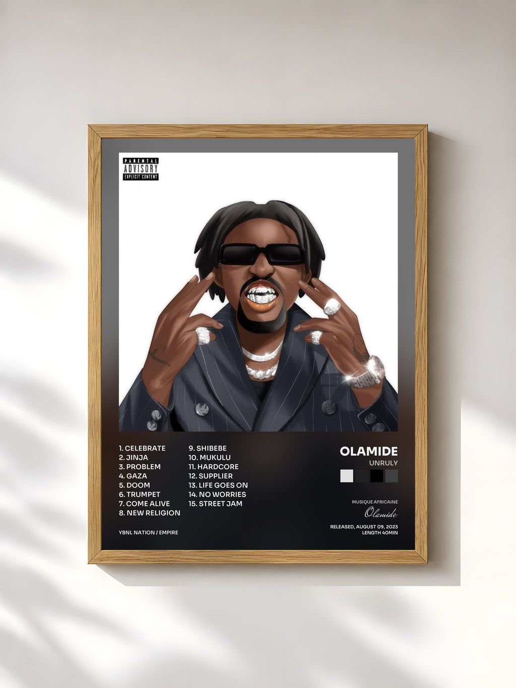 #bois Tableau de l'album Unruly de Olamide, cadre en bois brut, imprimé et encadré en France