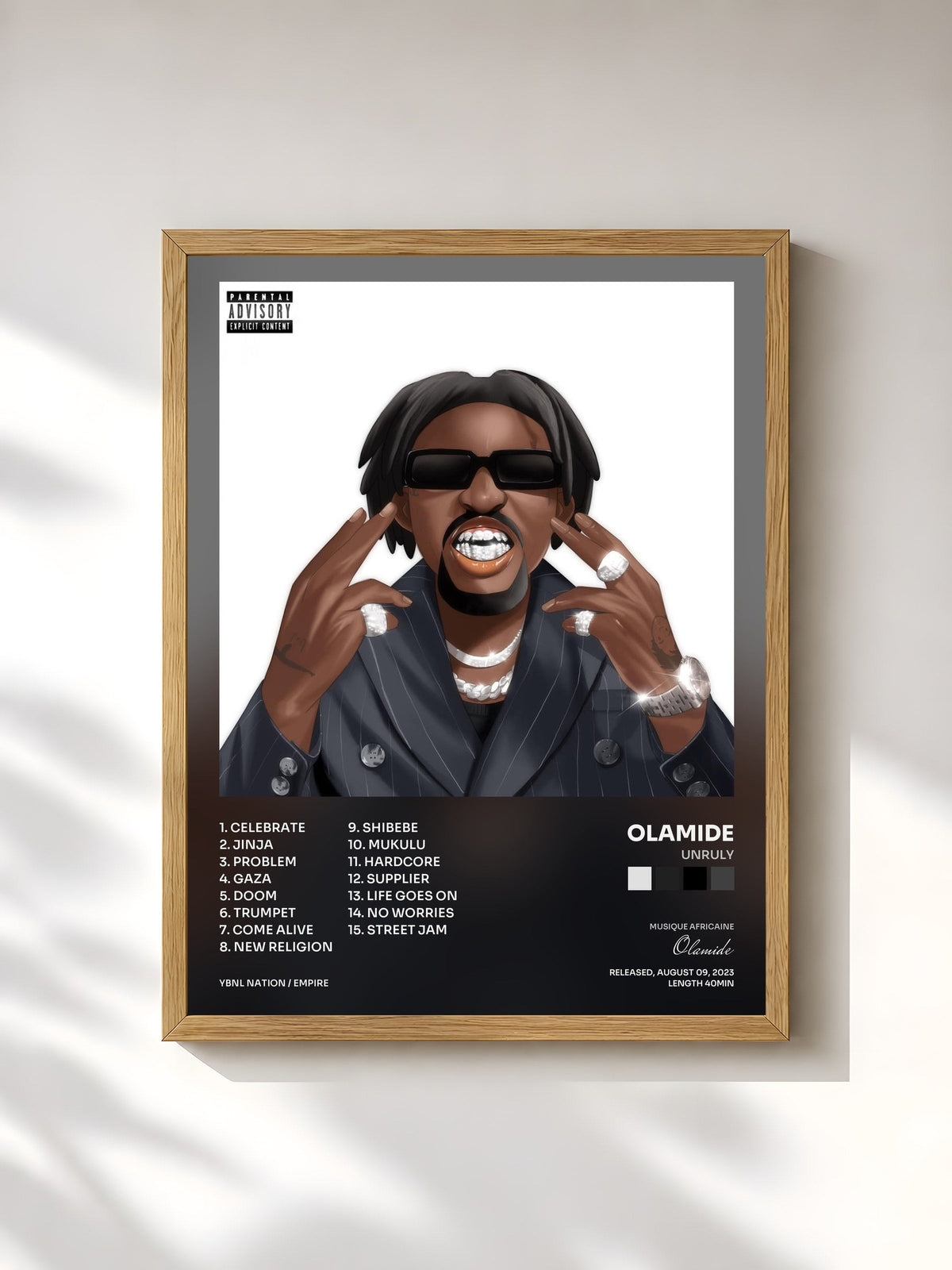 #bois Tableau de l'album Unruly de Olamide, cadre en bois brut, imprimé et encadré en France