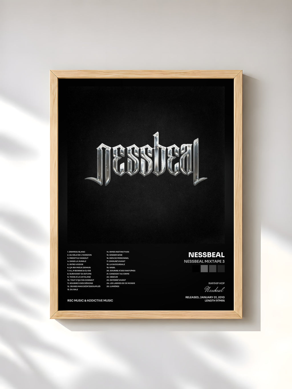 #bois Tableau de l'album Nessbeal Mixtape 3 de Nessbeal, cadre en bois brut, imprimé et encadré en France