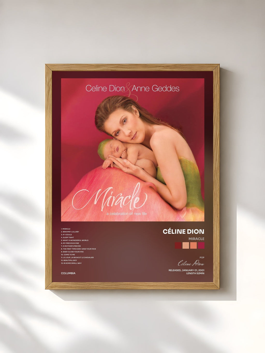 #bois Tableau de l'album Miracle de Céline Dion, cadre en bois brut, imprimé et encadré en France