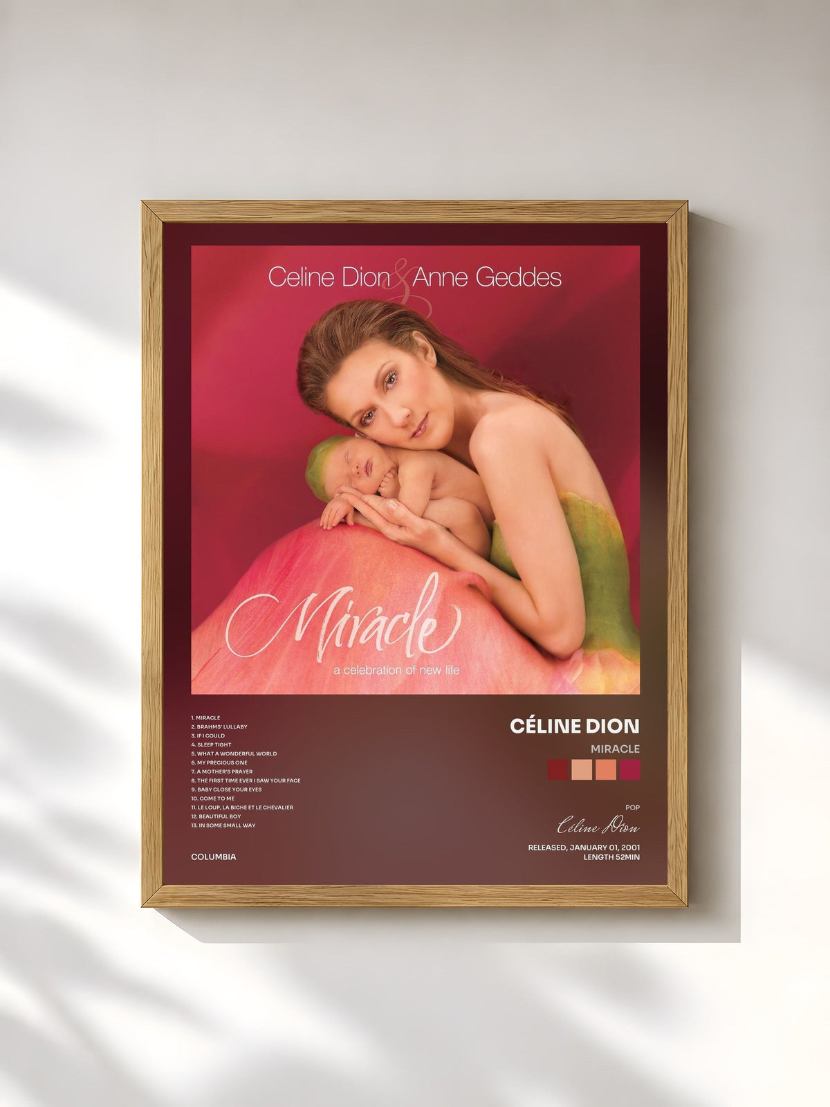 #bois Tableau de l'album Miracle de Céline Dion, cadre en bois brut, imprimé et encadré en France