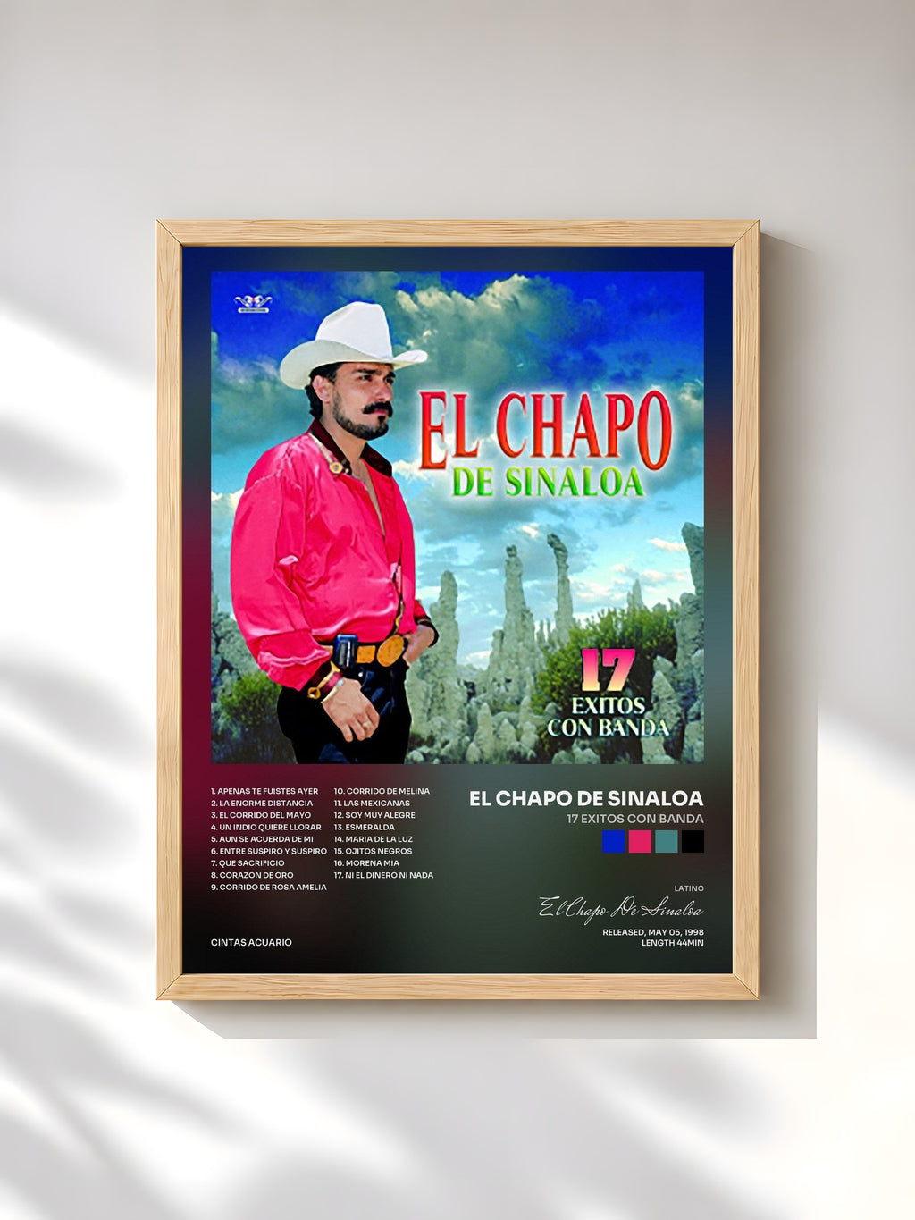#bois Tableau de l'album 17 Exitos Con Banda de El Chapo De Sinaloa, cadre en bois brut, imprimé et encadré en France