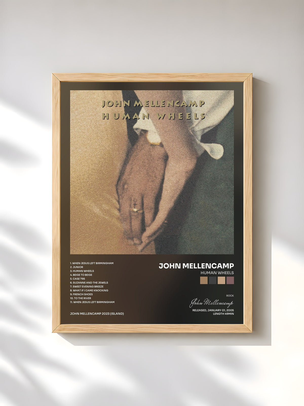 #bois Tableau de l'album Human Wheels de John Mellencamp, cadre en bois brut, imprimé et encadré en France