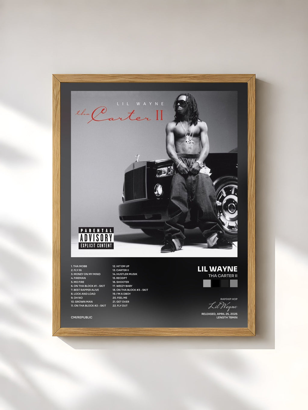 #bois Tableau de l'album Tha Carter II de Lil Wayne, cadre en bois brut, imprimé et encadré en France