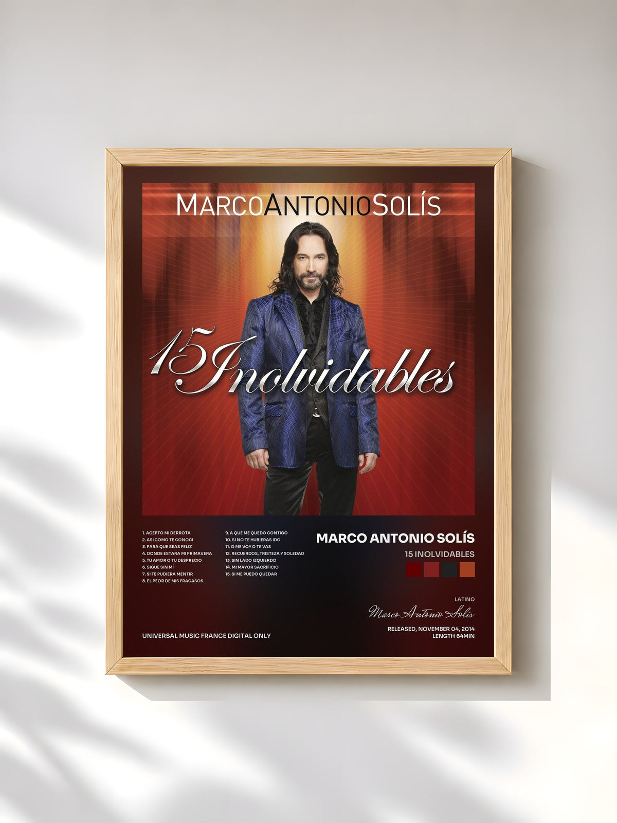 #bois Tableau de l'album 15 Inolvidables de Marco Antonio Solís, cadre en bois brut, imprimé et encadré en France