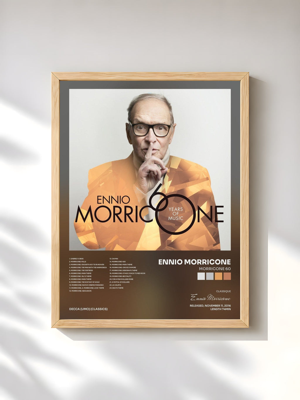 #bois Tableau de l'album Morricone 60 de Ennio Morricone, cadre en bois brut, imprimé et encadré en France