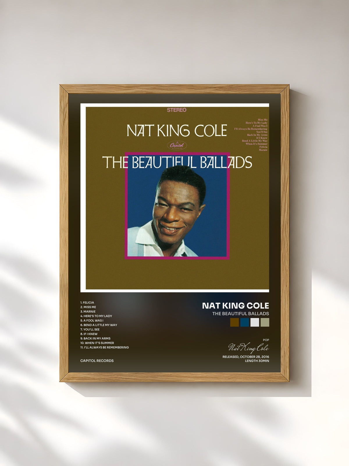 #bois Tableau de l'album The Beautiful Ballads de Nat King Cole, cadre en bois brut, imprimé et encadré en France