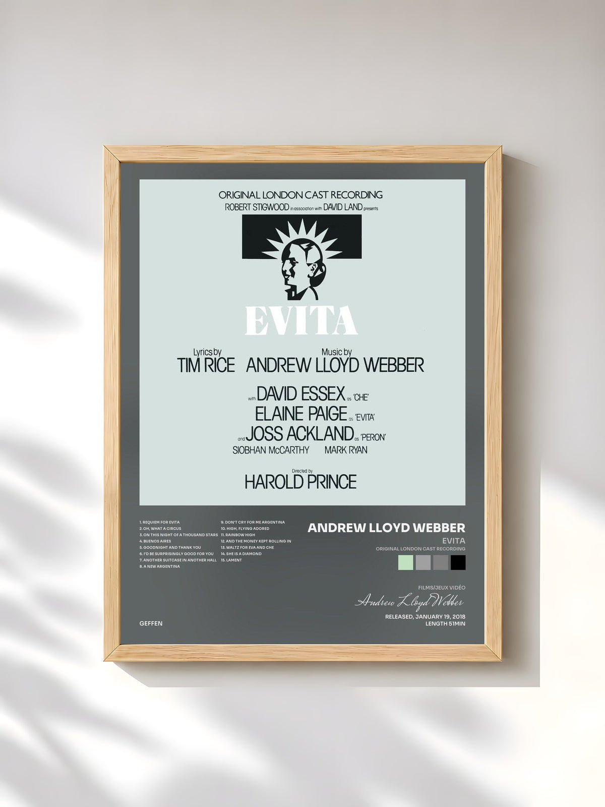 #bois Tableau de l'album Evita (Original London Cast Recording) de Andrew Lloyd Webber, cadre en bois brut, imprimé et encadré en France