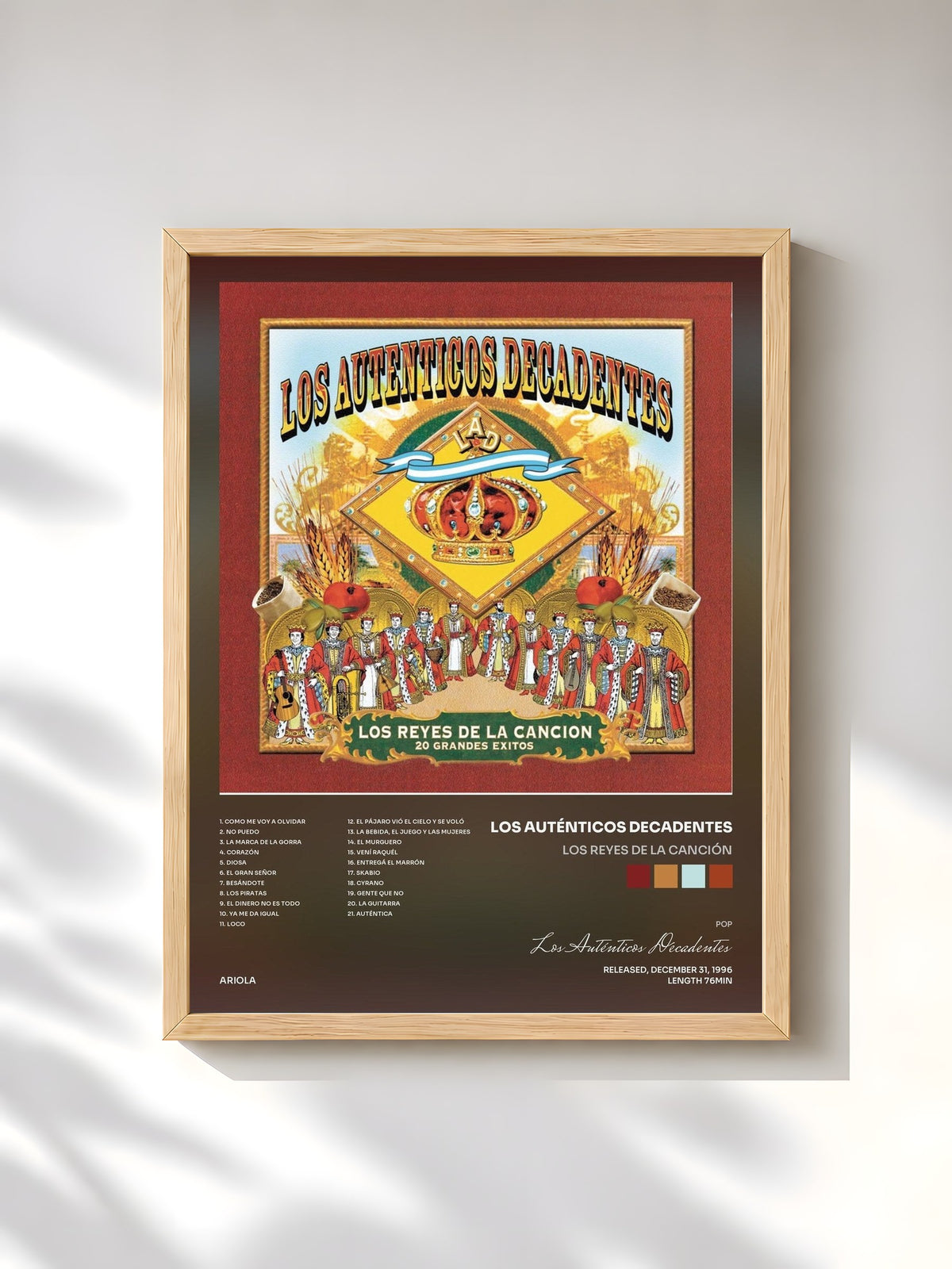 #bois Tableau de l'album Los Reyes de la Canción de Los Auténticos Decadentes, cadre en bois brut, imprimé et encadré en France
