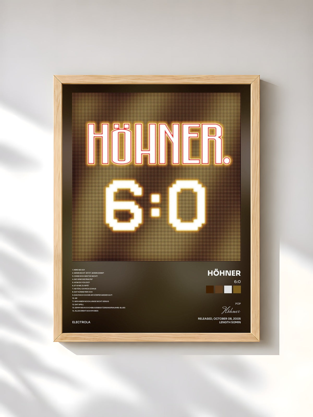 #bois Tableau de l'album 6:0 de Höhner, cadre en bois brut, imprimé et encadré en France