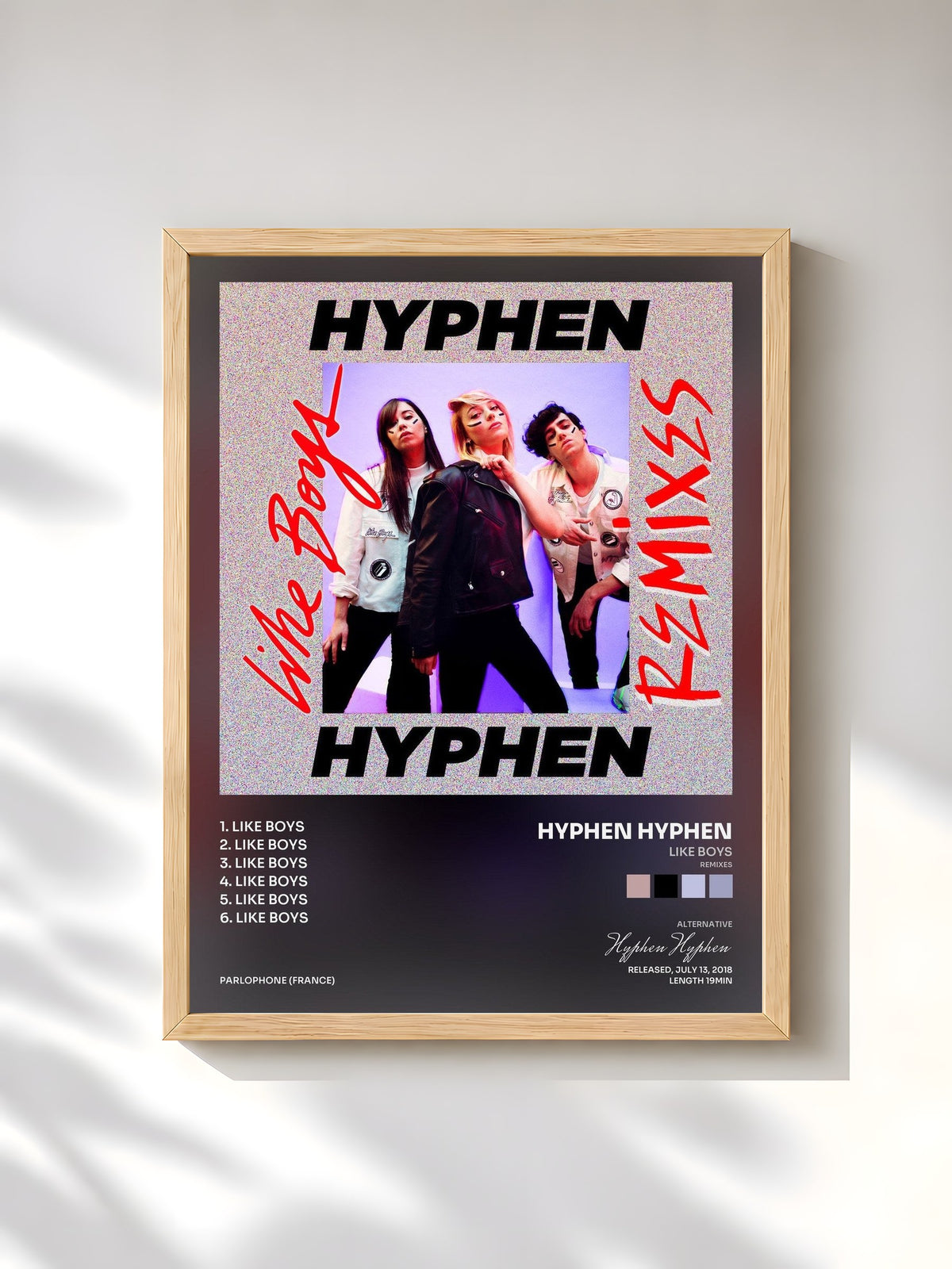 #bois Tableau de l'album Like Boys (Remixes) de Hyphen Hyphen, cadre en bois brut, imprimé et encadré en France