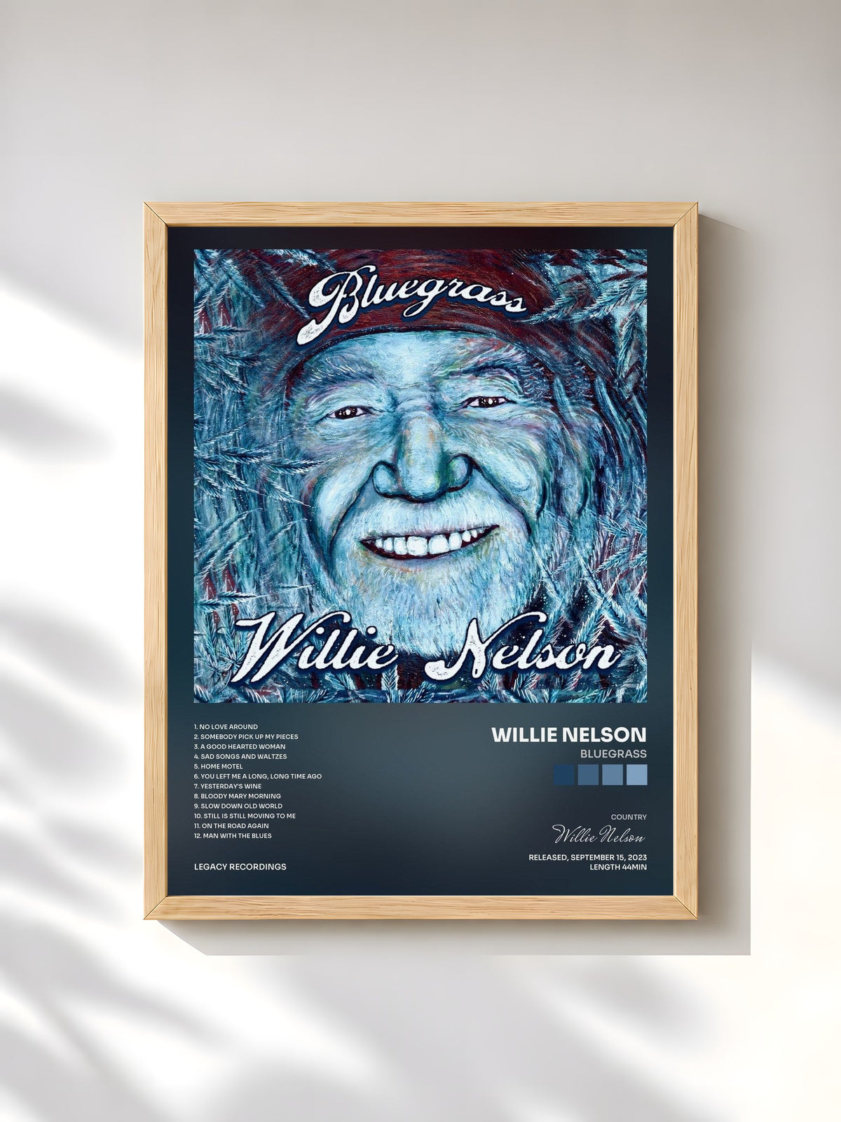 #bois Tableau de l'album Bluegrass de Willie Nelson, cadre en bois brut, imprimé et encadré en France