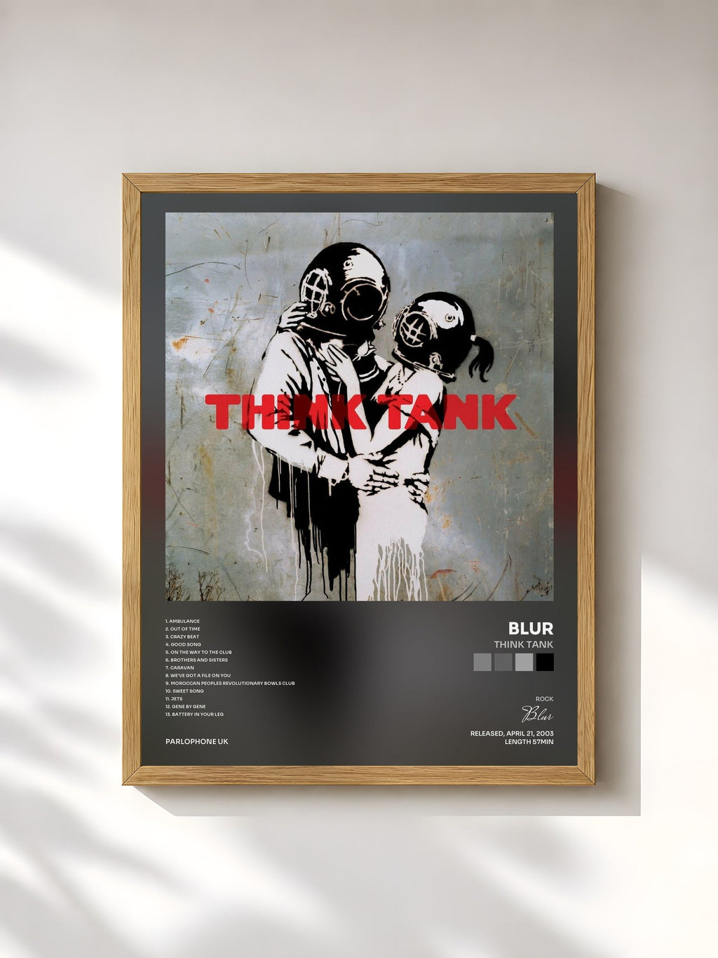 #bois Tableau de l'album Think Tank de Blur, cadre en bois brut, imprimé et encadré en France