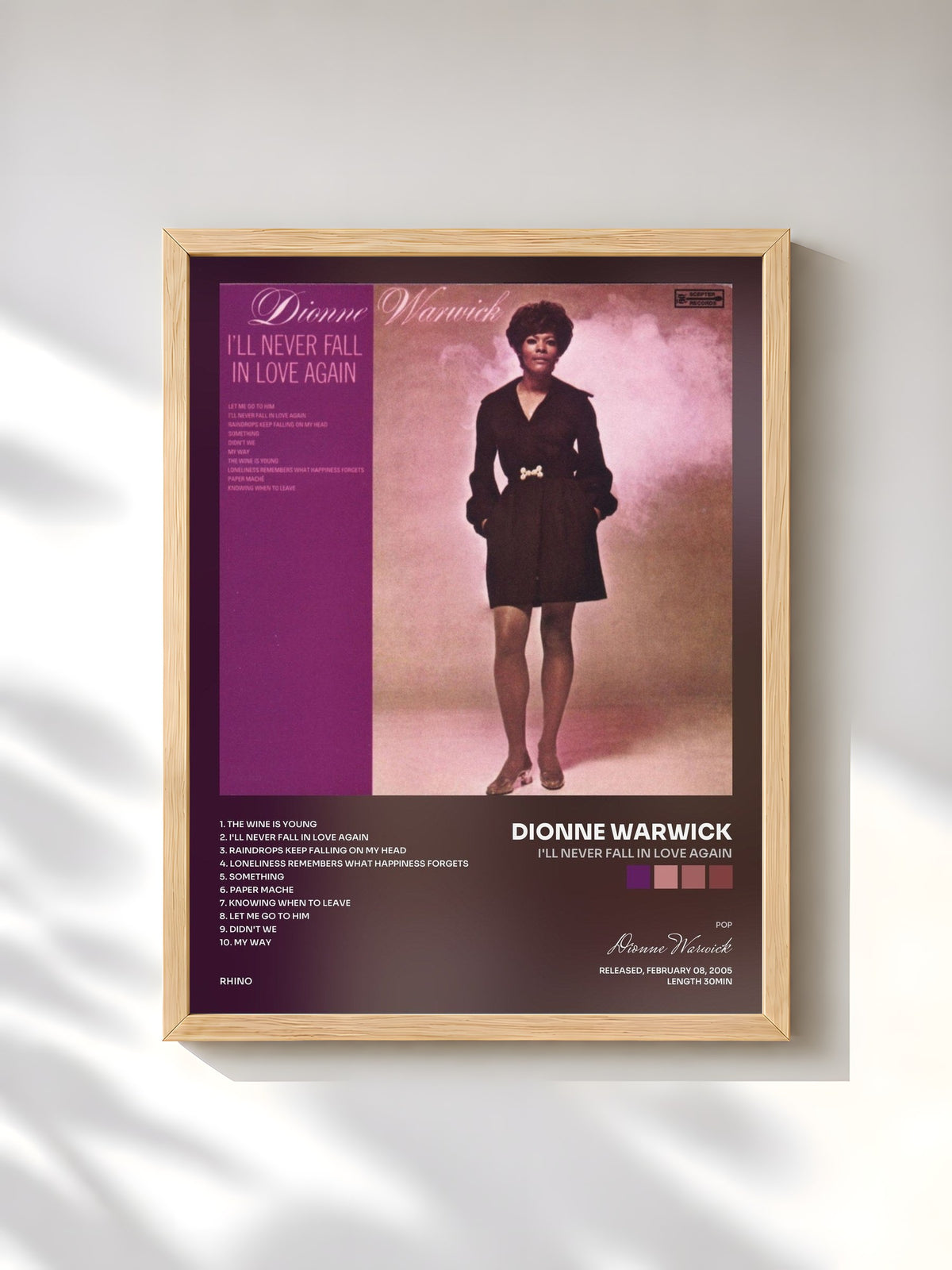 #bois Tableau de l'album I'll Never Fall in Love Again de Dionne Warwick, cadre en bois brut, imprimé et encadré en France