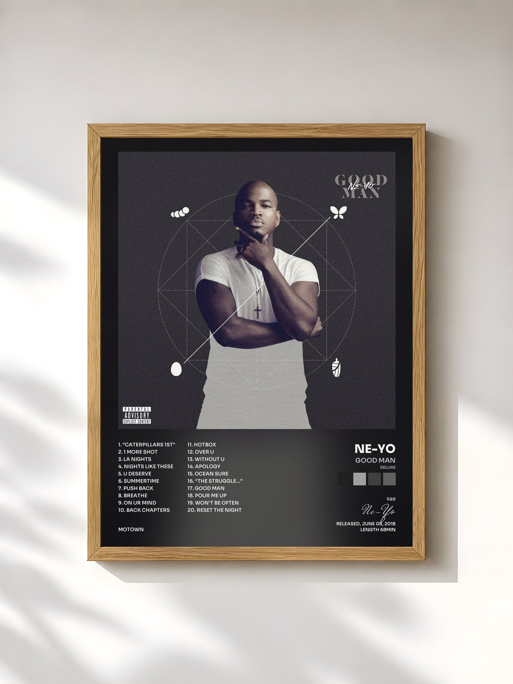 #bois Tableau de l'album GOOD MAN (Deluxe) de Ne-Yo, cadre en bois brut, imprimé et encadré en France