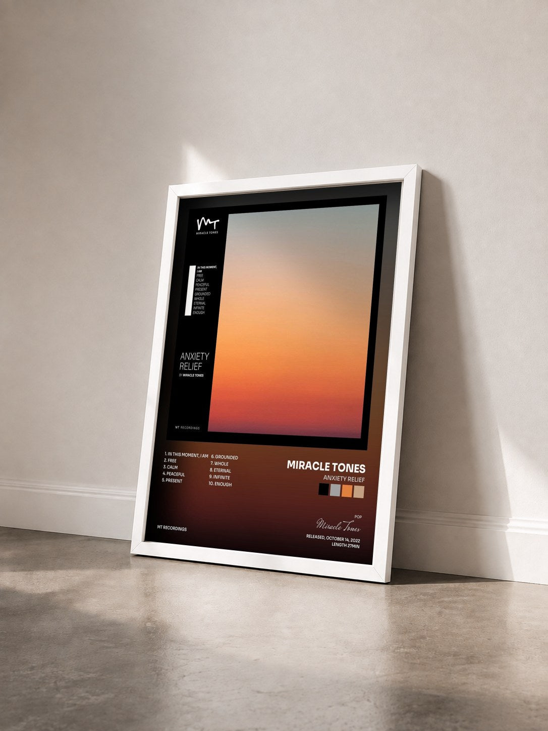 #blanc Tableau de l'album Anxiety Relief de Miracle Tones vu de trois quarts, cadre blanc