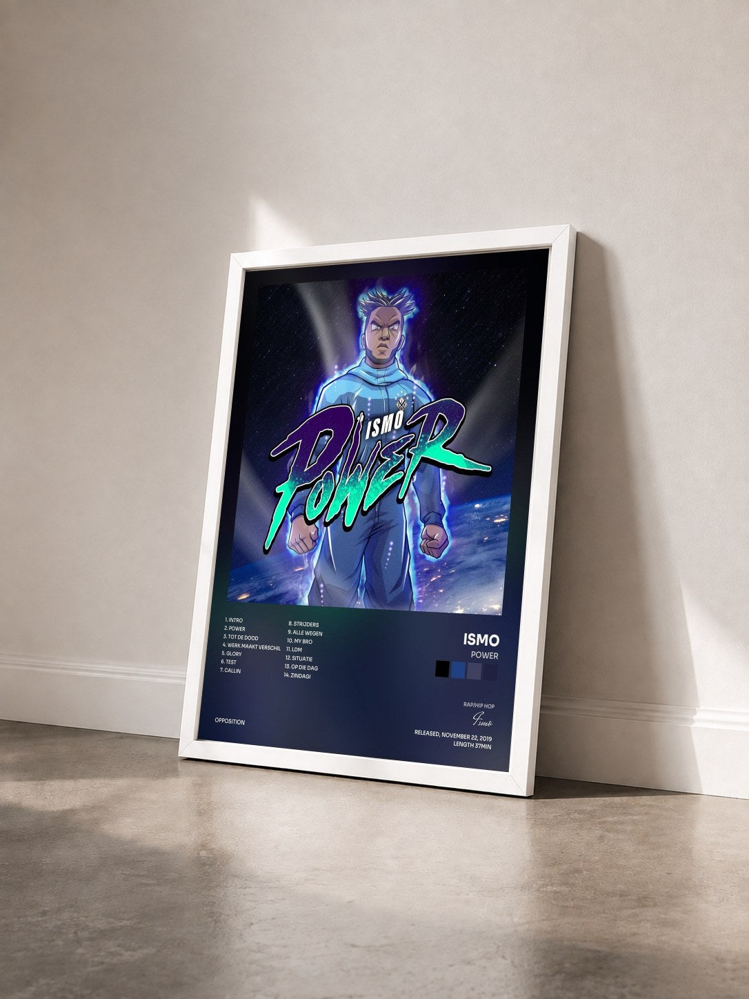 #blanc Tableau de l'album Power de Ismo vu de trois quarts, cadre blanc