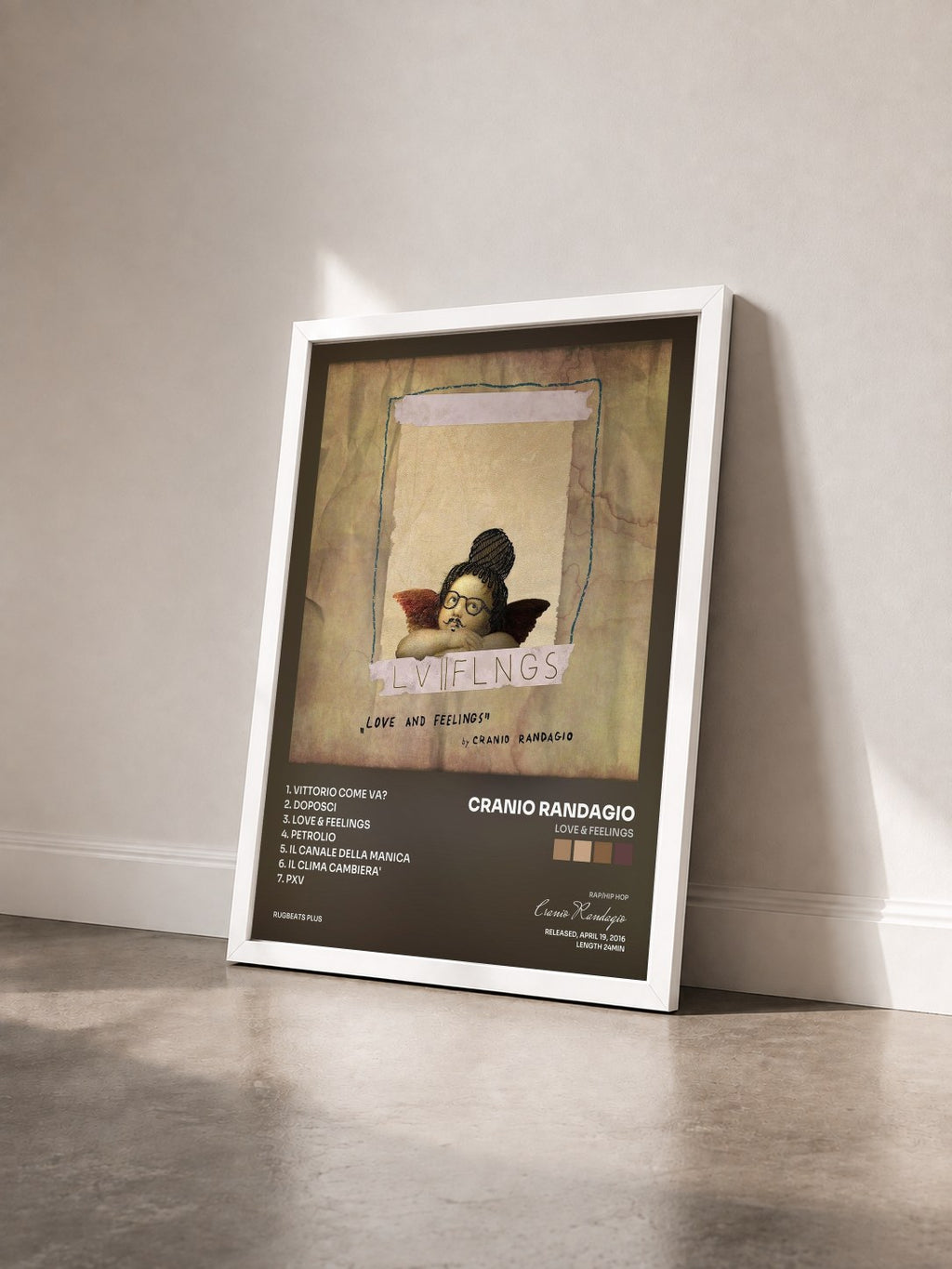 #blanc Tableau de l'album Love & Feelings de Cranio Randagio vu de trois quarts, cadre blanc