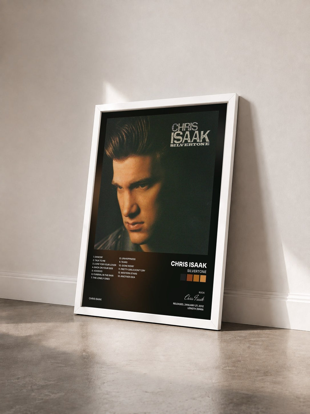 #blanc Tableau de l'album Silvertone de Chris Isaak vu de trois quarts, cadre blanc