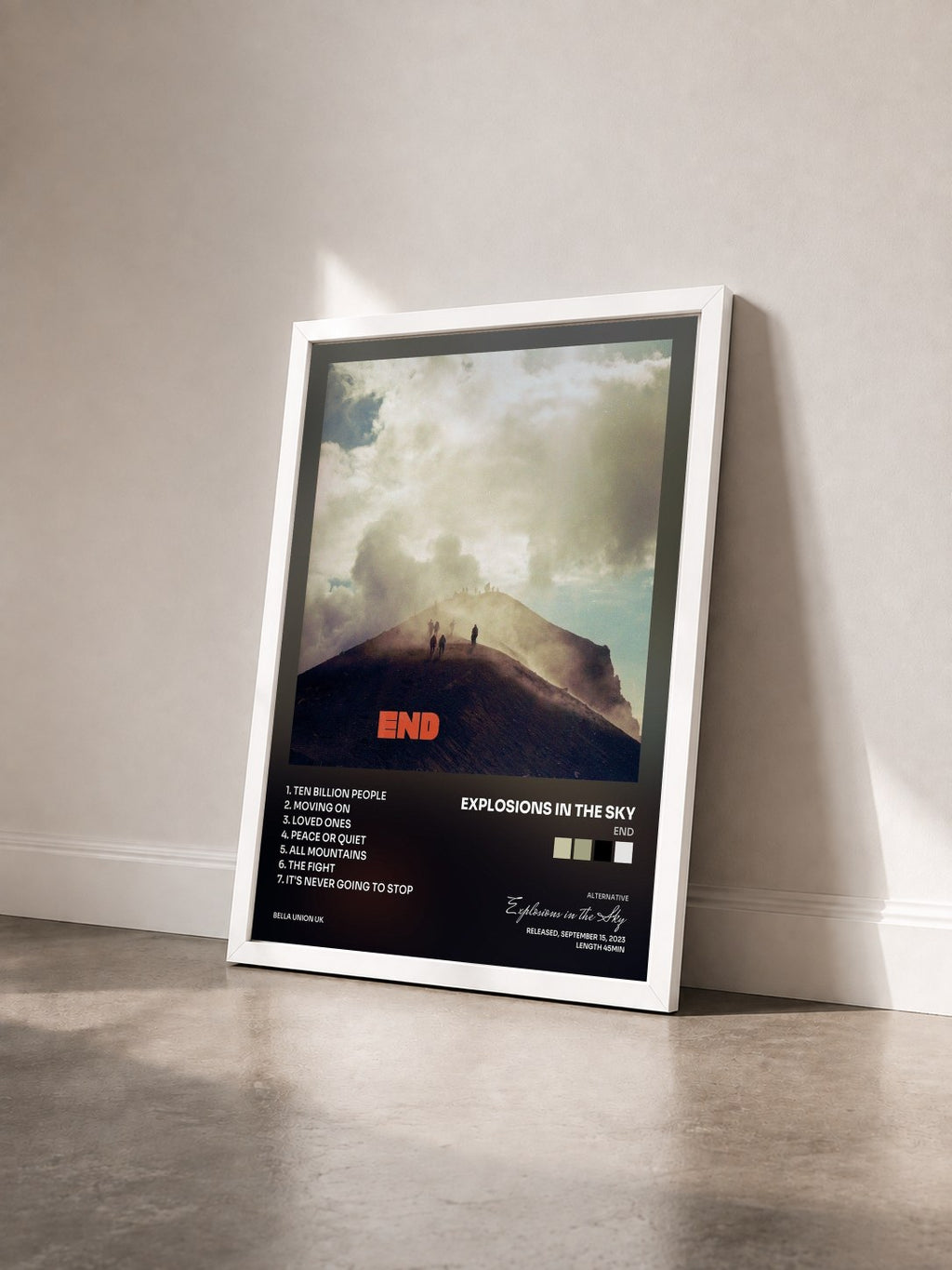 #blanc Tableau de l'album End de Explosions in the Sky vu de trois quarts, cadre blanc