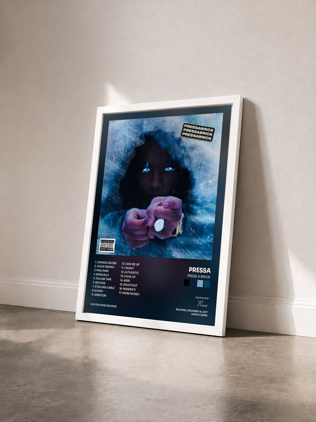 #blanc Tableau de l'album Press a Brick de Pressa vu de trois quarts, cadre blanc